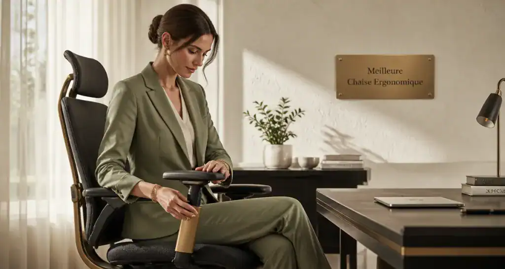Meilleur chaise ergonomique 2025 femme ajustant accoudoirs