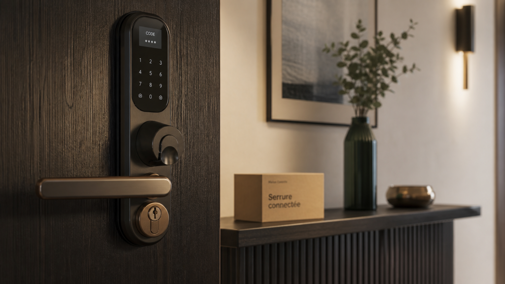 Meilleure serrure connectée : serrure rétrofit sur porte en bois