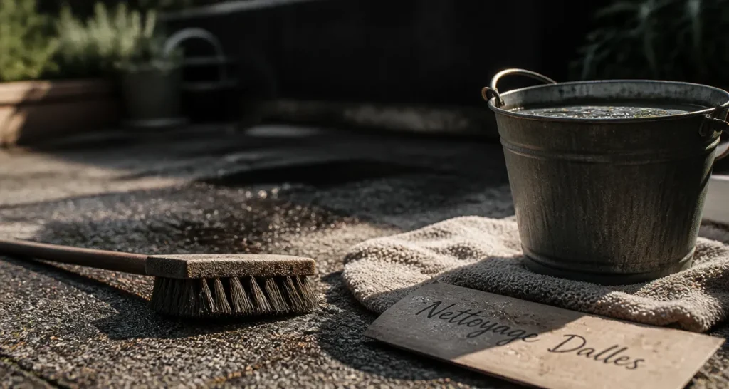 Nettoyer des dalles gravillonnées noircies avec brosse et eau chaude