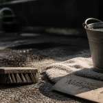 Nettoyer des dalles gravillonnées noircies avec brosse et eau chaude