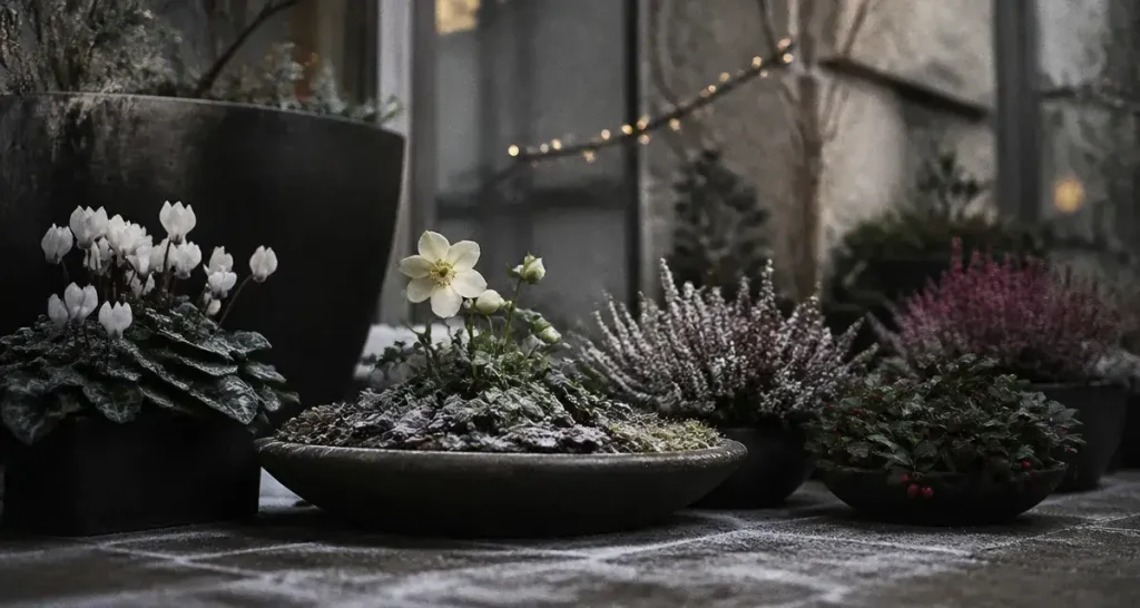 Plante de noel exterieur : hellébore blanche sous le gel, pots et baies rouges