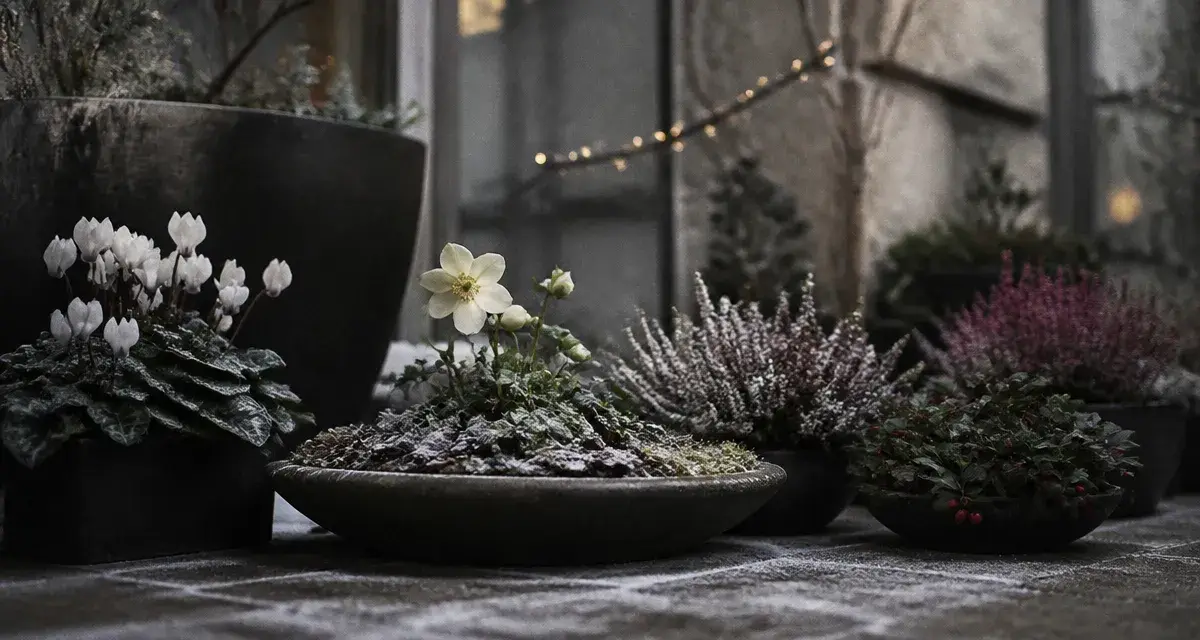 Plante de noel exterieur : hellébore blanche sous le gel, pots et baies rouges
