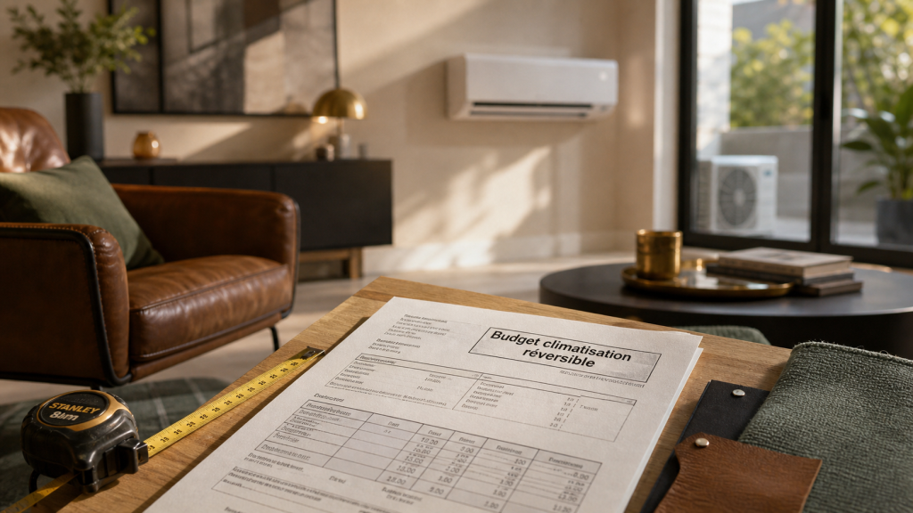 Prix clim réversible : devis et mètre ruban sur table
