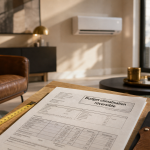 Prix clim réversible : devis et mètre ruban sur table