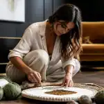 Artiste créant un punch needle tapis sur parquet