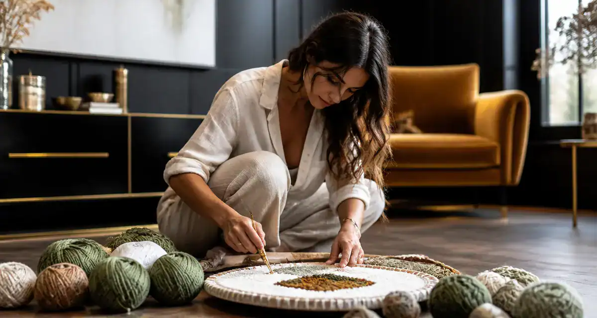 Artiste créant un punch needle tapis sur parquet