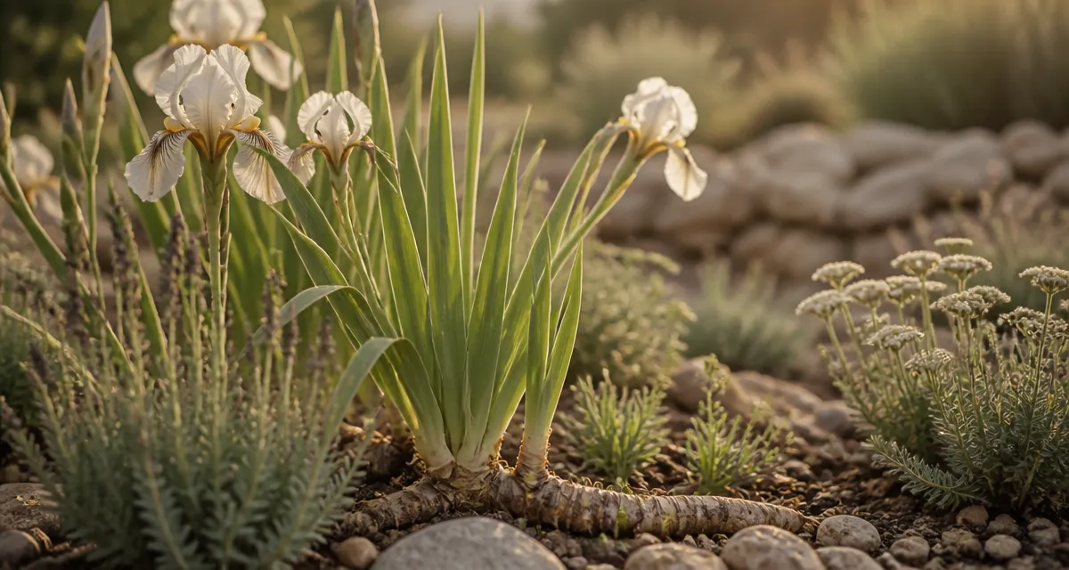 Que mettre au pied des iris : lavande et achillée sans paillis, rhizomes visibles