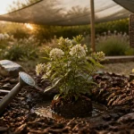 Que planter en juillet août fleurs : jeune massif fleuri, motte et arrosoir, paillis