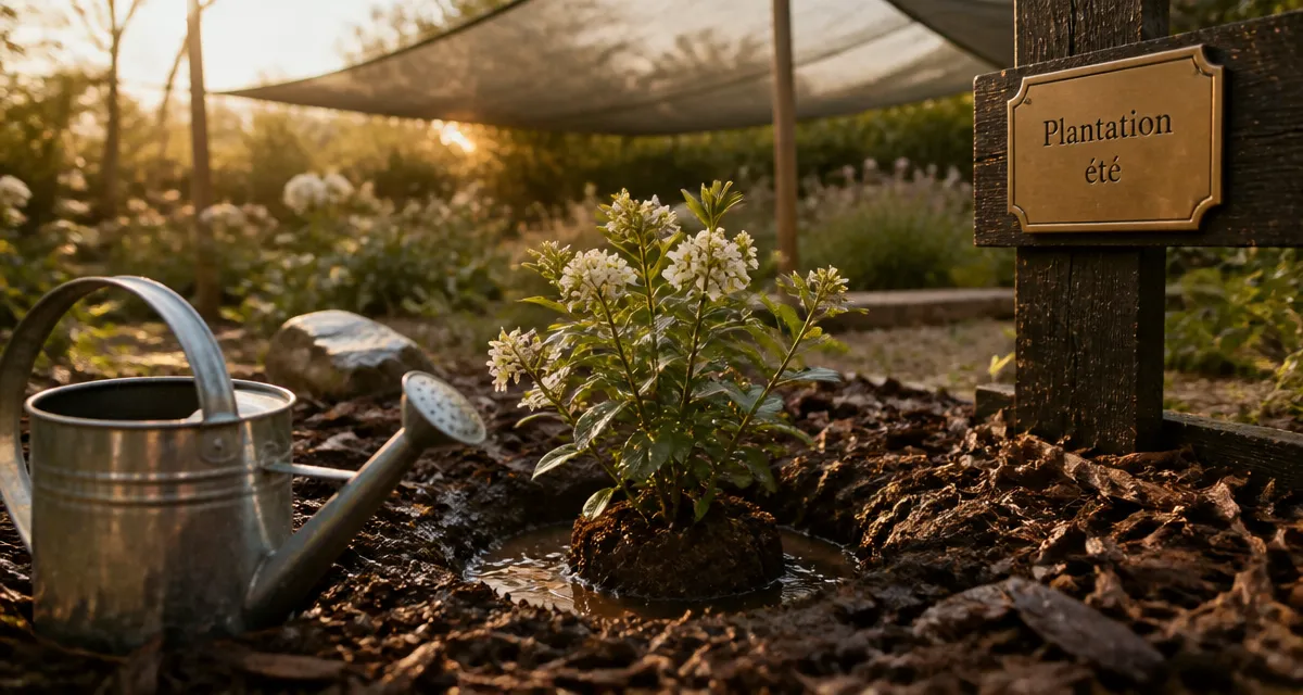 Que planter en juillet août fleurs : jeune massif fleuri, motte et arrosoir, paillis