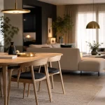 Salon-salle à manger dans la même pièce : meubles bas et lumière chaude 90 cm