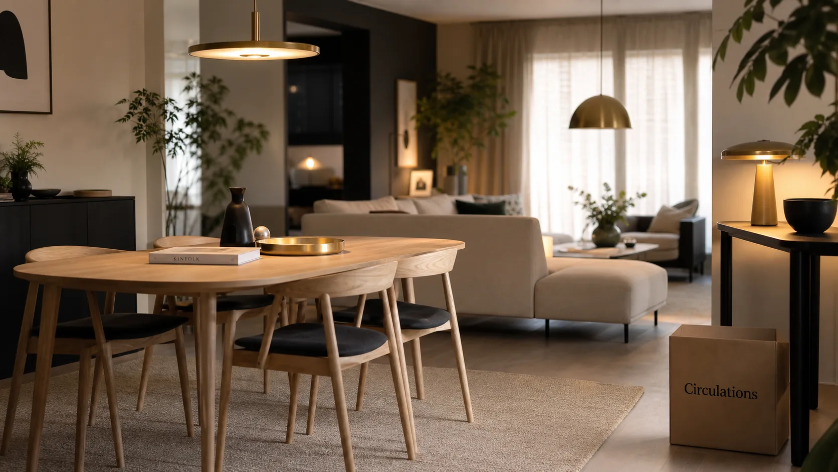 Salon-salle à manger dans la même pièce : meubles bas et lumière chaude 90 cm