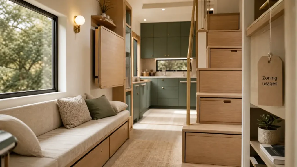 Aménagement tiny house : mezzanine avec rangements intégrés, intérieur lumineux, 12 à 28 m²
