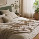 Chambre vert sauge et bois, lit en bois clair et linge en lin