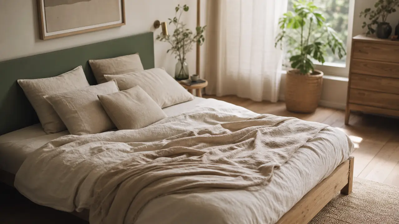 Chambre vert sauge et bois, lit en bois clair et linge en lin