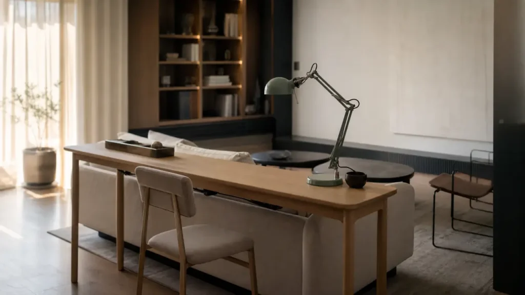 Coin bureau salon : bureau étroit derrière canapé, chaise glissée