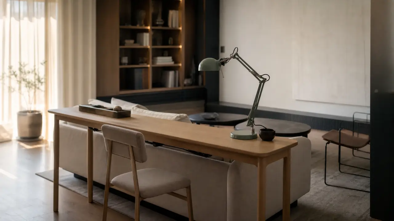 Coin bureau salon : bureau étroit derrière canapé, chaise glissée
