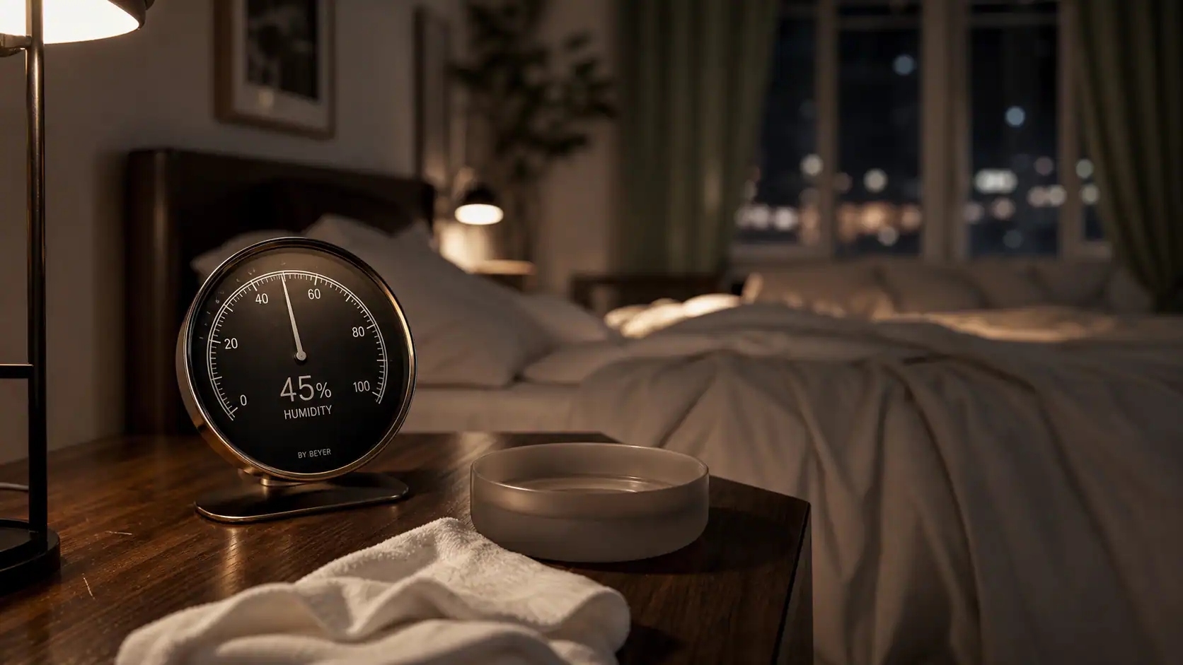 Comment humidifier une chambre : hygromètre à 45 % d’humidité, eau et linge