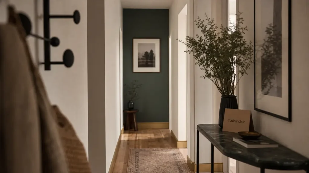 Couleur peinture pour couloir clair : beige ivoire et vert sauge, couloir étroit lumineux