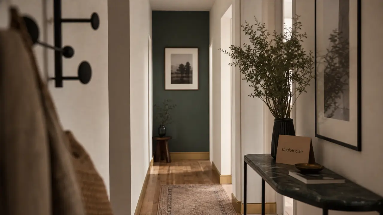 Couleur peinture pour couloir clair : beige ivoire et vert sauge, couloir étroit lumineux