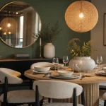 Decoration d une salle a manger avec lumière chaude, couleurs vert sauge et table ronde bois clair