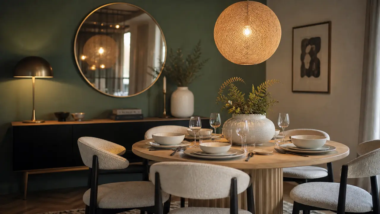 Decoration d une salle a manger avec lumière chaude, couleurs vert sauge et table ronde bois clair