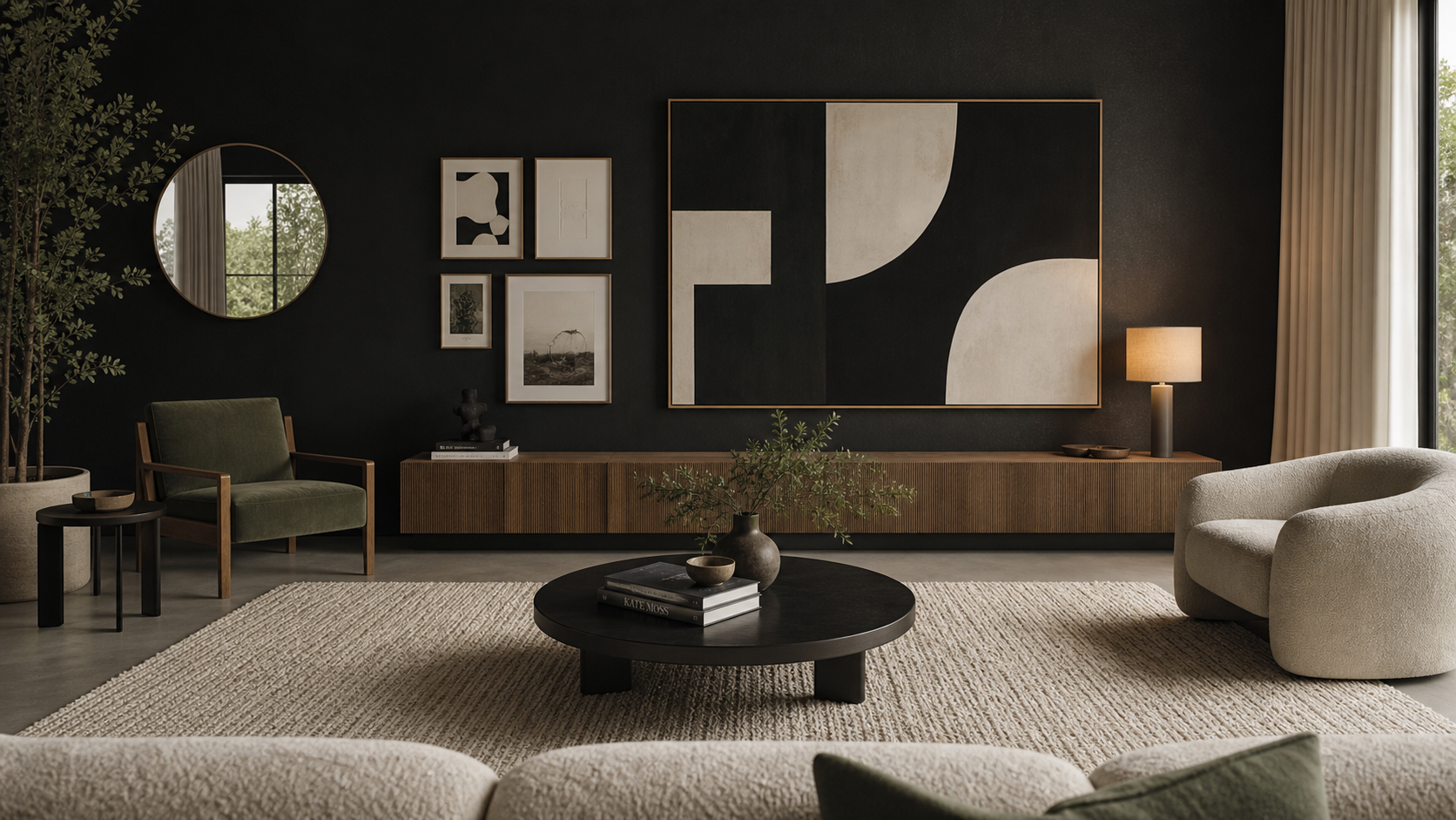 Décorer un grand mur salon : tableau XXL noir et blanc dans un grand cadre bronze