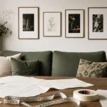 Disposition cadre mural : cadres rectangulaires alignés sur mur blanc, formats harmonieux