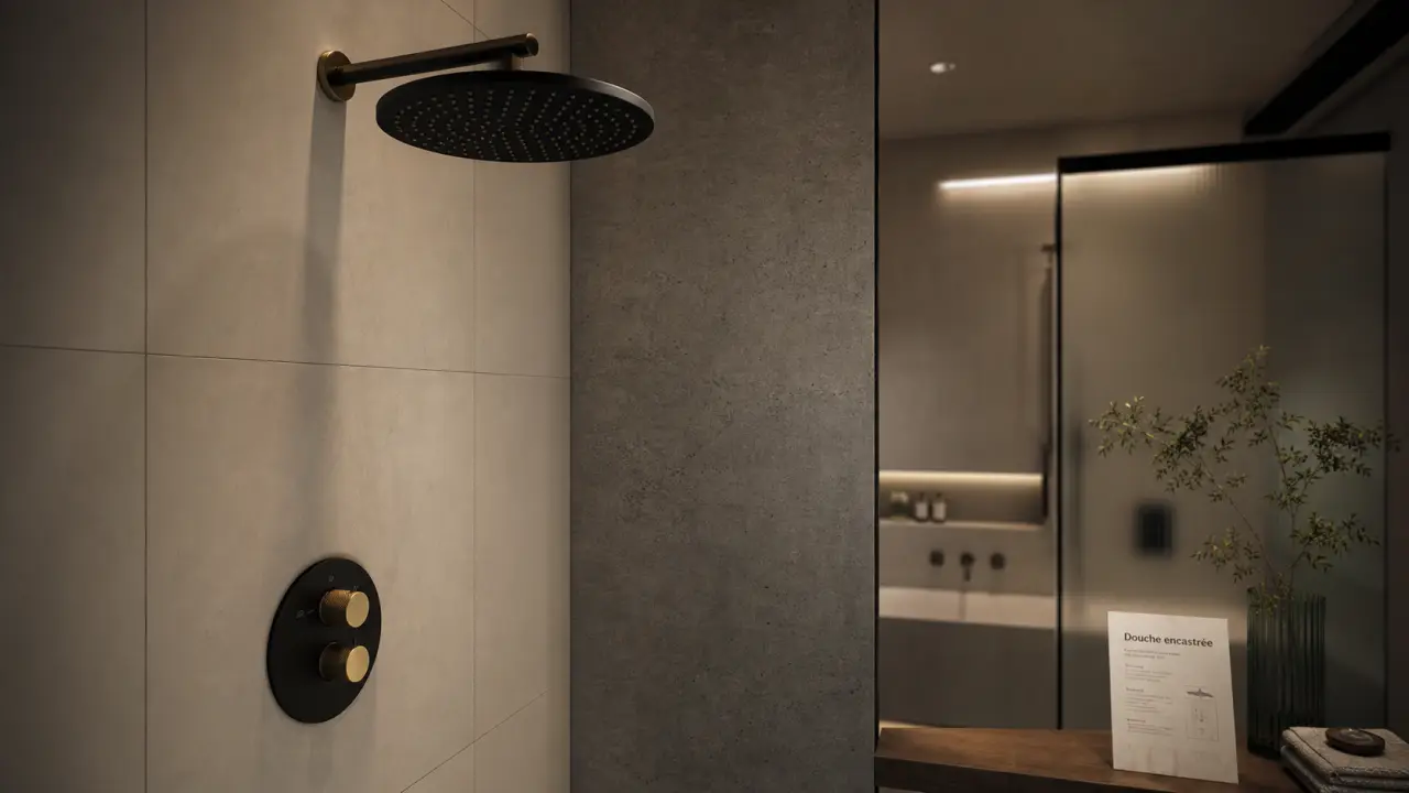 Douche encastrée minimaliste, commandes affleurantes et finition noir mat
