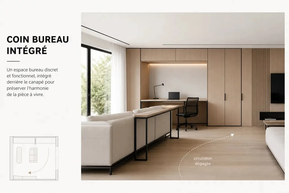 Coin bureau salon : aménagement discret derrière le canapé dans un salon moderne