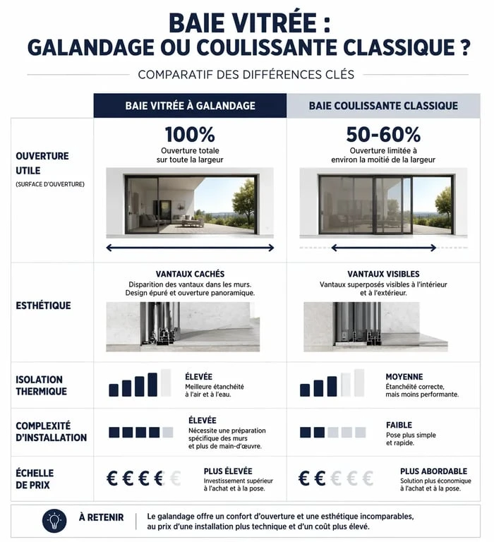 Infographie comparative baie vitrée galandage vs coulissant classique, mettant en avant les avantages et différences pour l'aménagement intérieur