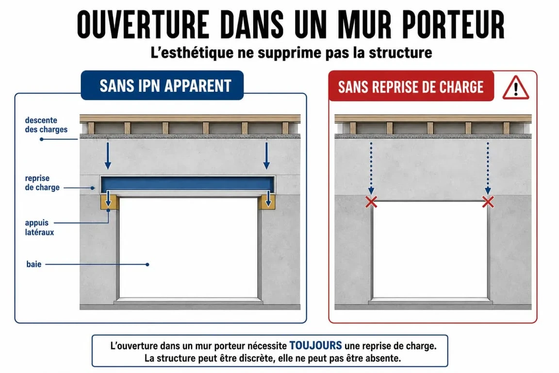 Ouverture maximale mur porteur sans ipn : schéma simplifié de reprise de charge