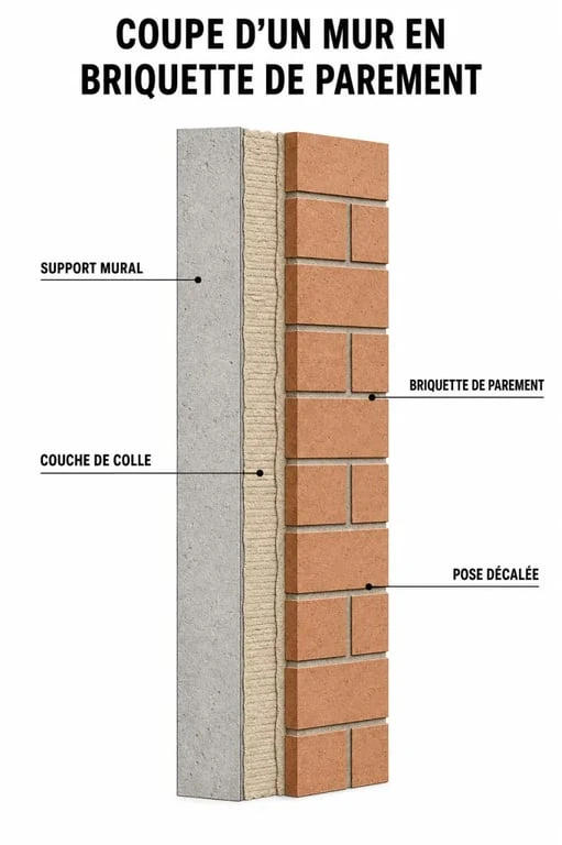Schéma technique de pose d'un mur en briquette de parement sur support mural