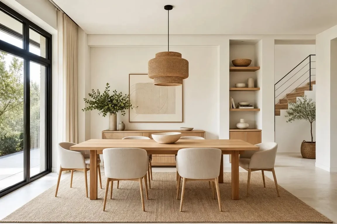 Décoration d une salle a manger contemporaine et chaleureuse avec table, chaises et suspension