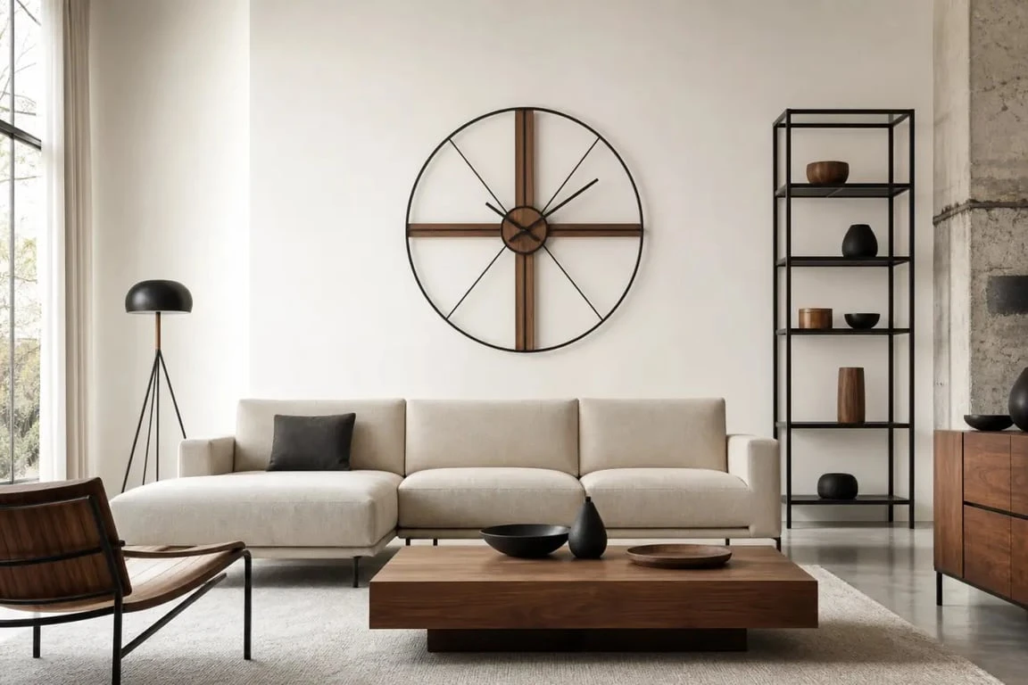 Horloges design dans un salon contemporain avec horloge murale élégante en bois et métal