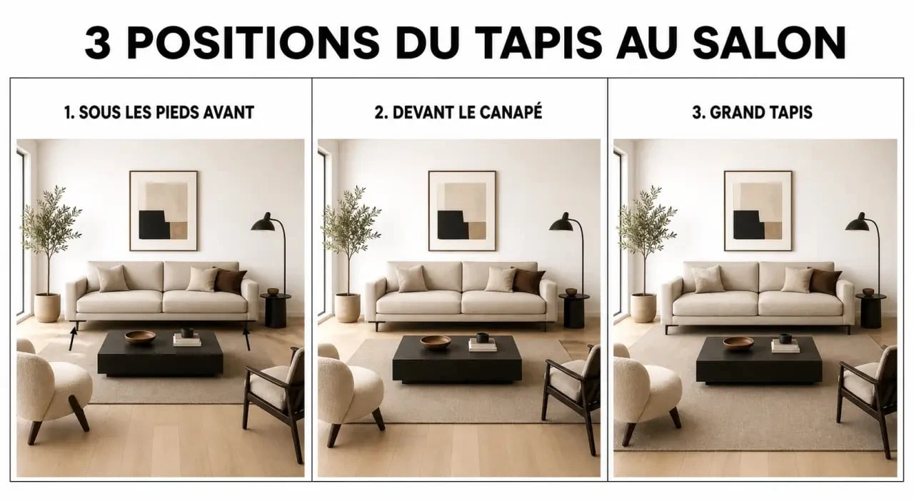 Tapis dans salon : les 3 positions principales par rapport au canapé et à la table basse