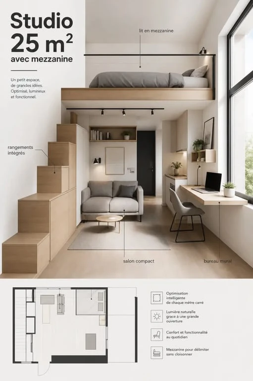 Mezzanine pour studio dans un petit appartement avec lit en hauteur et salon en dessous