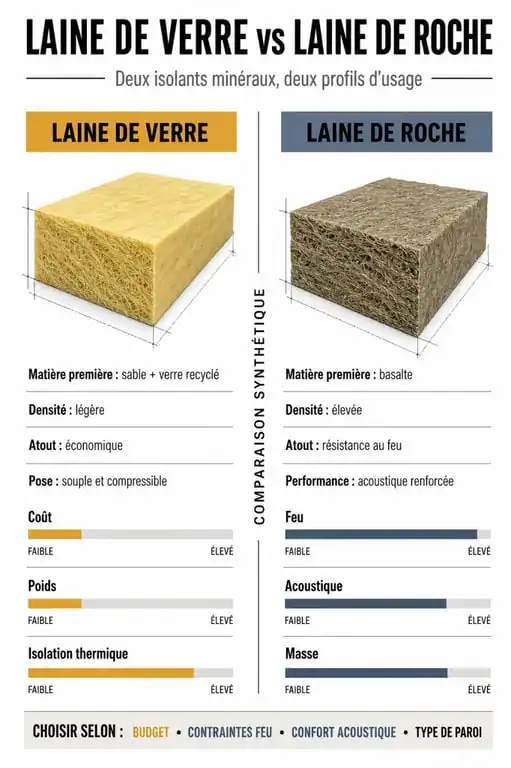 Infographie comparative : différence entre laine de verre et laine de roche pour l'isolation