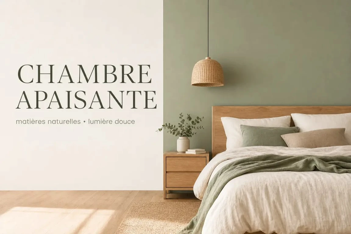 Chambre vert sauge et bois avec lit en bois clair, linge de lit en lin et ambiance naturelle apaisante