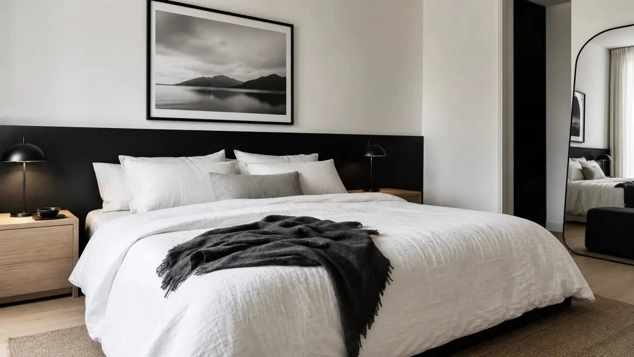 Chambre noir et blanc avec lit habillé de linge blanc, tête de lit noire et décoration murale élégante