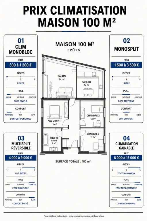 Prix climatisation maison 100m2 : infographie comparative des systèmes et budgets