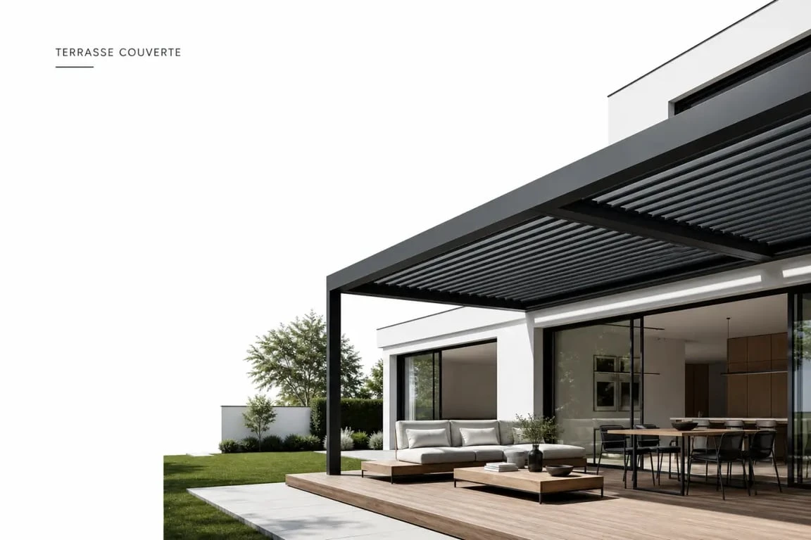 Terrasse couverte maison moderne adossée à la façade avec pergola et mobilier extérieur