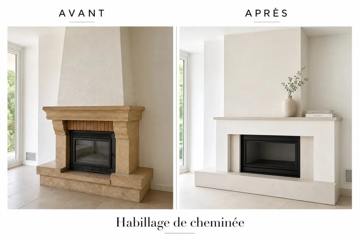 Habillage ancienne cheminée : avant/après d’une cheminée vieillissante transformée en élément déco moderne