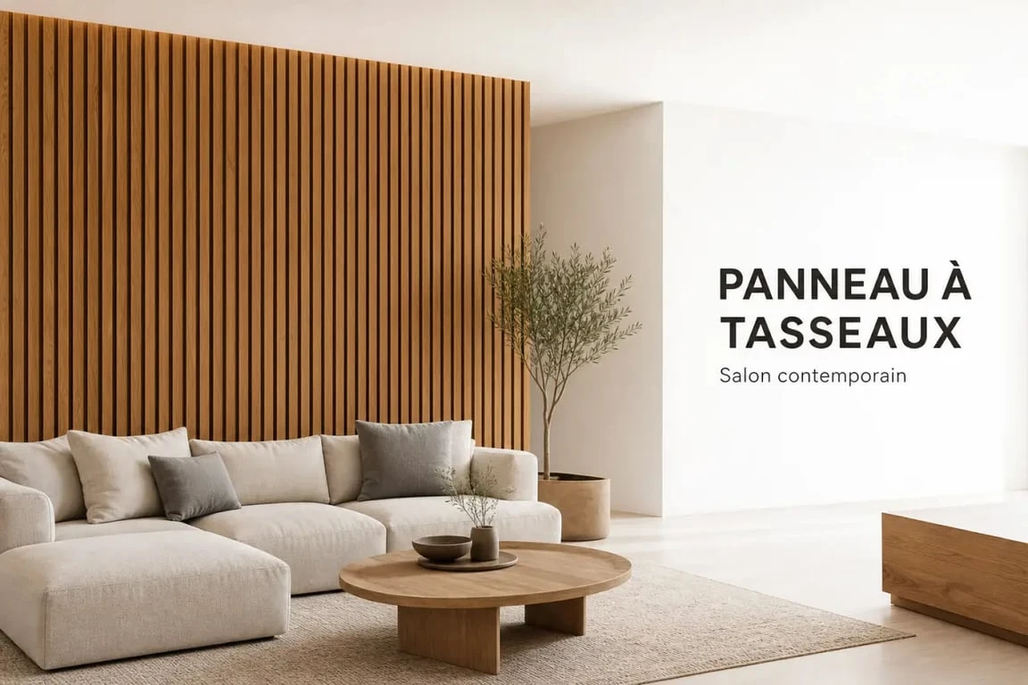 Panneau décoratif en bois dans un salon contemporain avec mur d’accent à tasseaux
