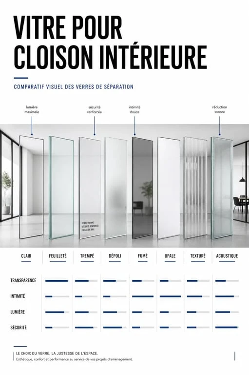 Vitre pour cloison intérieure : comparaison des principaux types de verre et de leurs usages