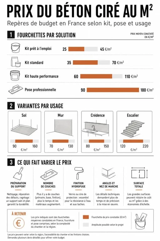 Prix du béton ciré au m2 : comparatif visuel des tarifs kit et pose professionnelle selon sol, mur, crédence et escalier