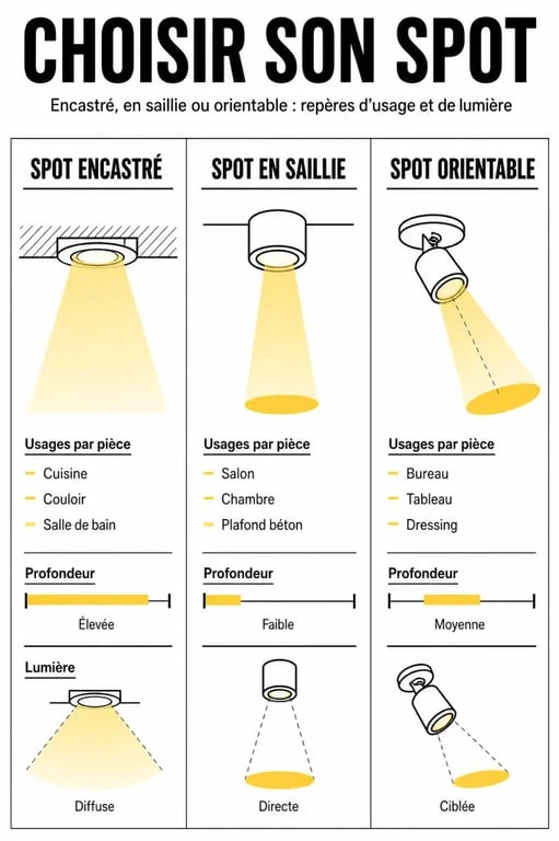 Comparatif des spots encastrés, en saillie et orientables pour choisir le bon spot selon la pièce