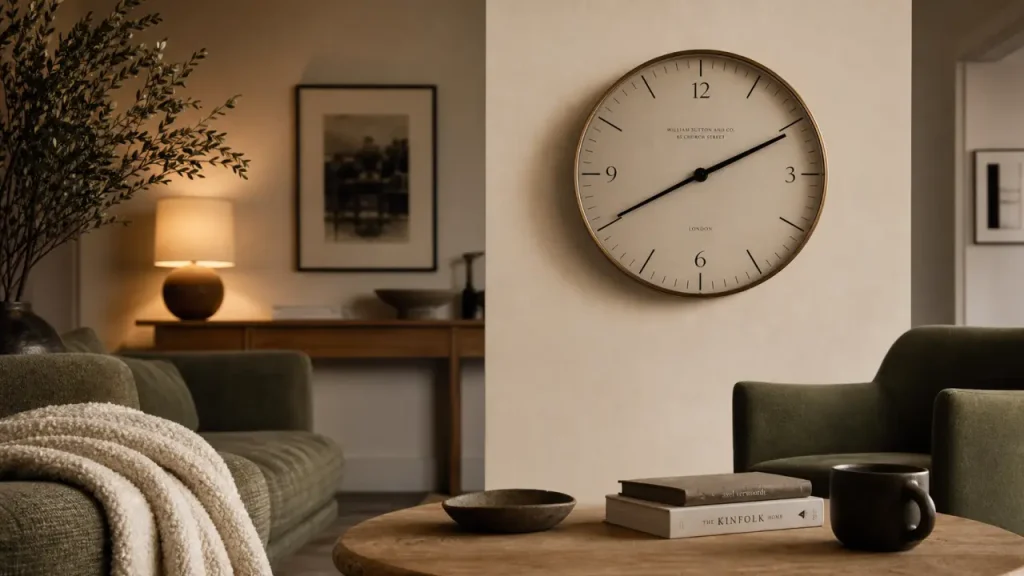 Horloges design métal noir satiné, grand diamètre silencieux en salon
