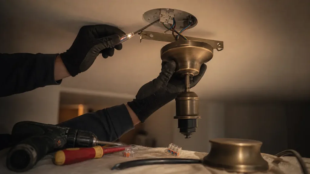 Installer luminaire plafond : électricien raccorde le luminaire au plafond, testeur de tension