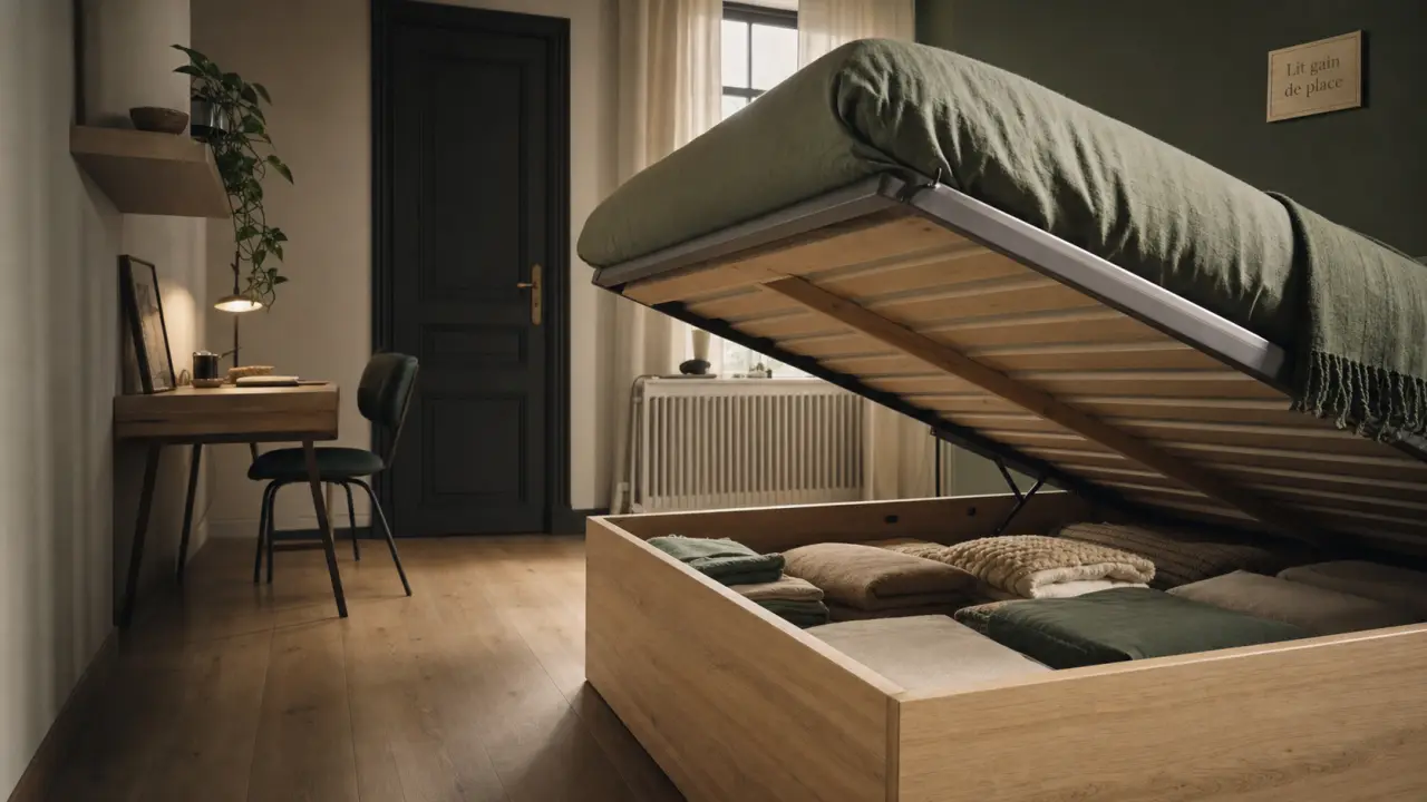 Lit pour petit chambre : lit coffre 140x200 gain de place ouvert
