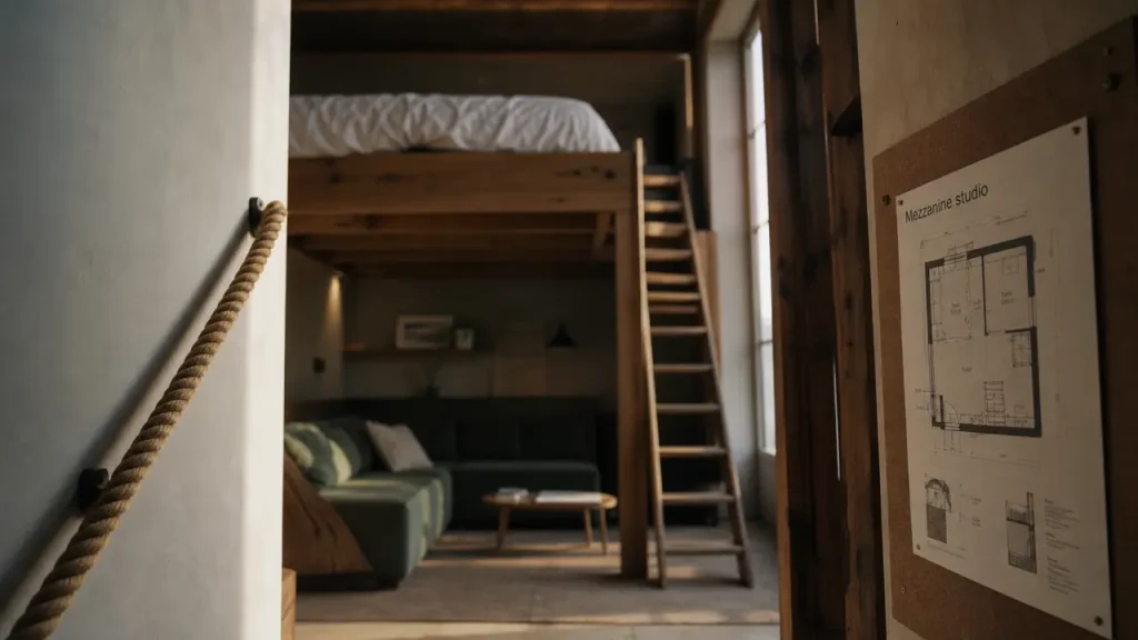 Mezzanine pour studio : lit mezzanine bois avec garde-corps sécurisé